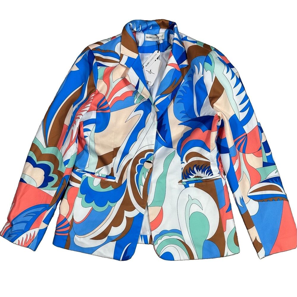 NWT Womens Bright Abstract Colorful Swirl Blazer Size Large Satin Finish Jacket